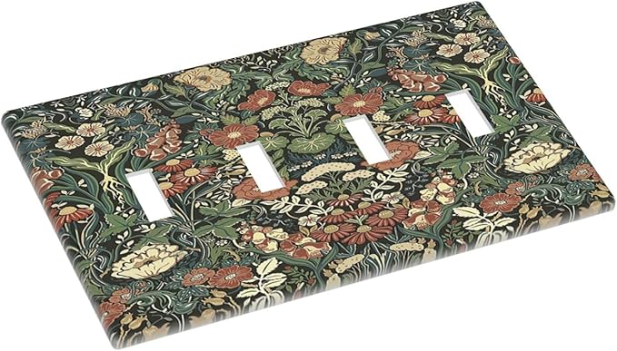 Light Switch Covers Vintage Dark Floral William Morris Green Flower Quad Toggle Electrical Faceplate 4 Gang Wall Plate Decorative Switch Plates for living Room Home Decor