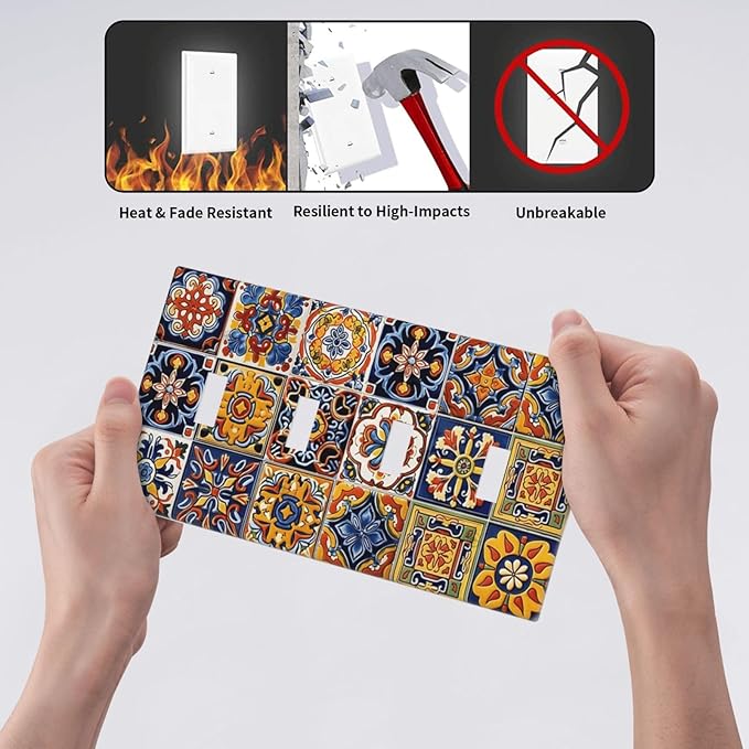 Mexican Talavera Tiles Flower Vintage Light Switch Covers Quad Toggle Electrical Faceplate 4 Gang Wall Plate Decorative Switch Plates Cover for Kitchen Bathroom Decor