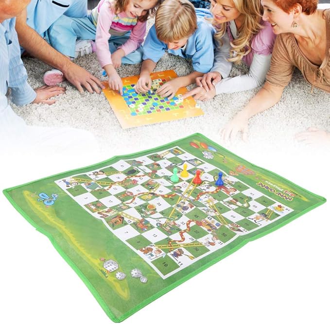 Snakes and Ladders Board Game Set, Folding Snake Ladder Chess Non Woven Fabrics Carpet Ground Mat with Chessman and Dice for Home