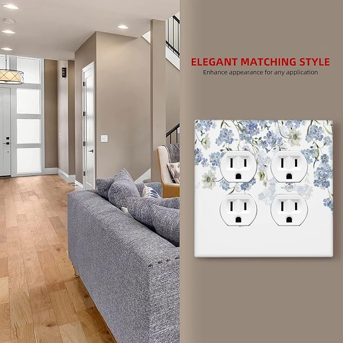 Hydrangea Blue Flowers Watercolor Floral Outlet Covers 2 Gang Double Duplex Decorative Light Switch Covers Electrical Wallplates Socket Faceplate for Bed Room Living Room Decor