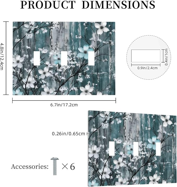 Rustic Blue Watercolor Flower Wooden Background Decorative Switch Plates 3 Gang Wall Plate Triple Toggle Light Switch Cover Faceplate Electrical Wall Panels for Bedroom Living Room Decor