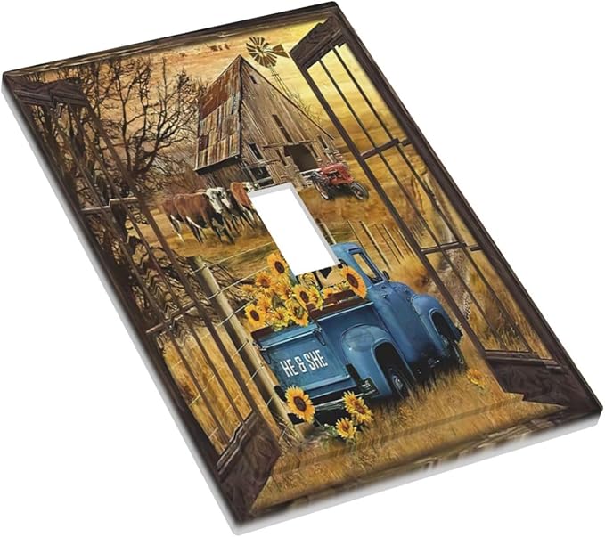 Fall Western Farmhouse Cow 1 Gang Light Switch Cover Decorative Barn door Country Blue Truck Single Toggle Wall Plate Electrical Switchplate Home Decor for Living Room Bedroom Bathroom Decorate