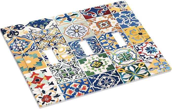 Decorative Switch Plates Moroccan Traditional Mexican Talavera Til 3 Gang Wall Plate Triple Toggle Light Switch Cover Faceplate Electrical Wall Panels for Kitchen Home Decor