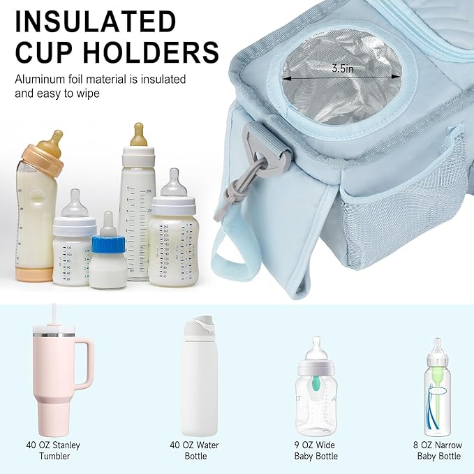 Universal Stroller Organizer with Insulated Cup Holders,Large Capacity Non-Slip Stroller Caddy Bag Fits for Uppababy/Doona/Jogger/Britax/Mompush/BoB with Anti-Sag Hard Bottom and Wet Wipes Pocket