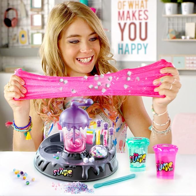 So Slime DIY Sensory Factory; Makes 10 Slimes; No Glue; No Mess; Sensory Mix’ins to Create ASMR Feels; Just Add Water and Turn The Crank; Slime Storage Containers Included