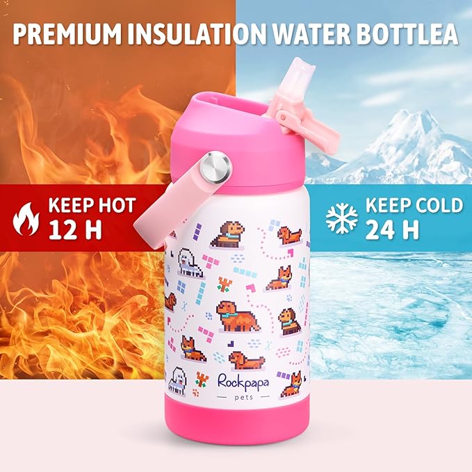 rockpapa 14 oz Kids Insulated Water Bottle，Stainless Steel Toddler Cups with Straws, BPA Free, Leak-Proof, Kids Water Bottle for School Boys& Girls (White Pets Dog)