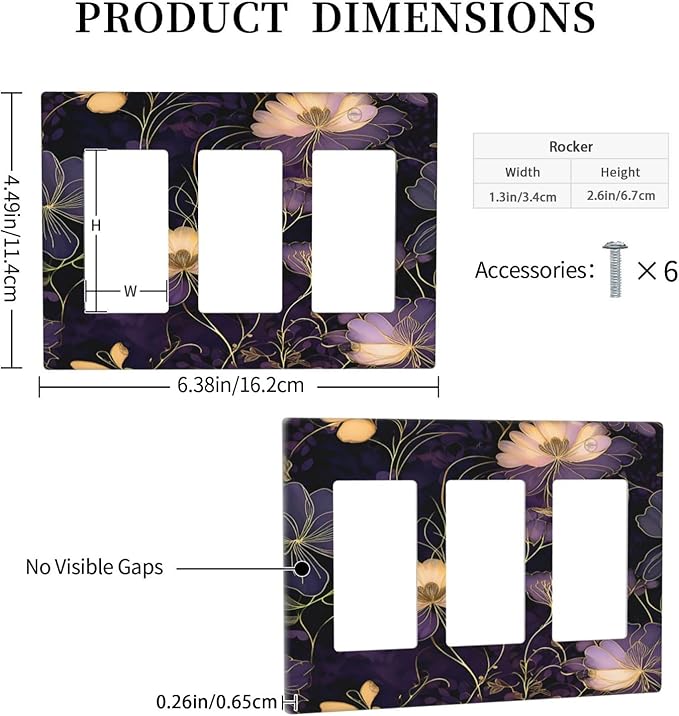 Modern Boho Vintage Gold Purple Dark Floral Modern Abstract Flowers Light Switch Covers 3 Gang Rocker Decorative Triple Outlet Wall Plate Cover Switchplate Electrical Gfci for Bedroom Living Room