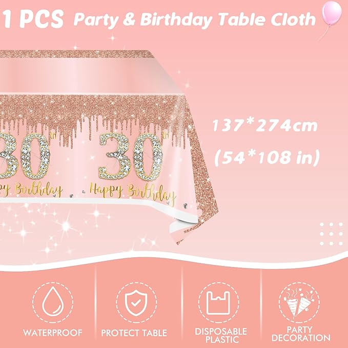41Pcs 30th Birthday Decorations for Women, Rose Gold Thirty Year Old Birthday Party Supplies Include 20 Plates 20 Napkins and 1 Tablecloth, Pink 30 Aged Birthday Party Tableware