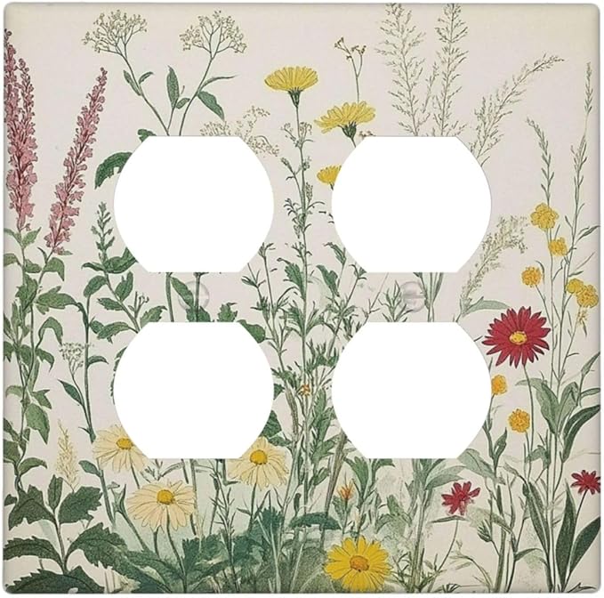 Rustic Wildflower Green Plants Daisy Floral Outlet Covers 2 Gang Double Duplex Decorative Light Switch Covers Electrical Wallplates Socket Faceplate For Farmhouse Bed Room Decor