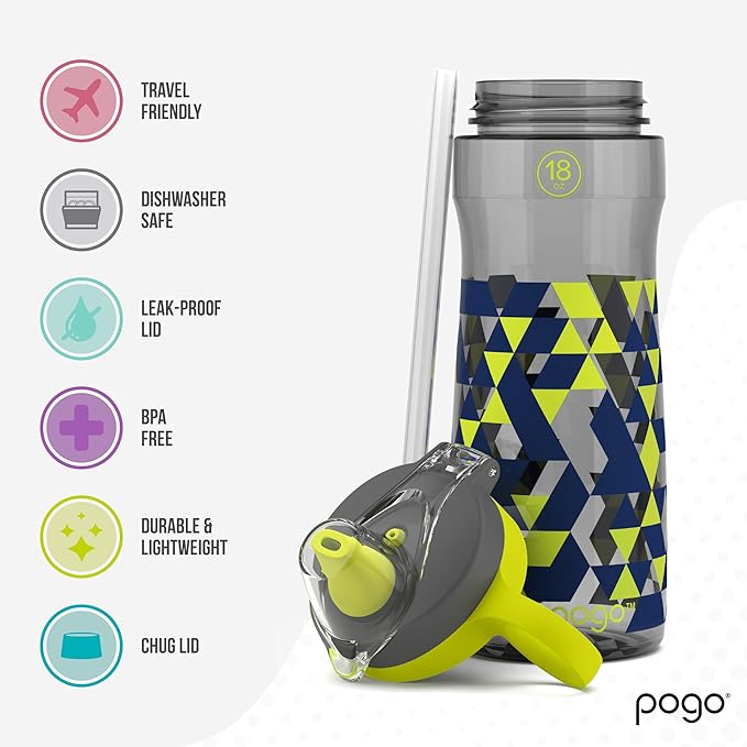 Pogo 18oz Plastic Water Bottle with Straw Lid with Carry Handle, Reusable, BPA Free, Dishwasher Safe, Perfect for Travel, School, Outdoors, and Gym