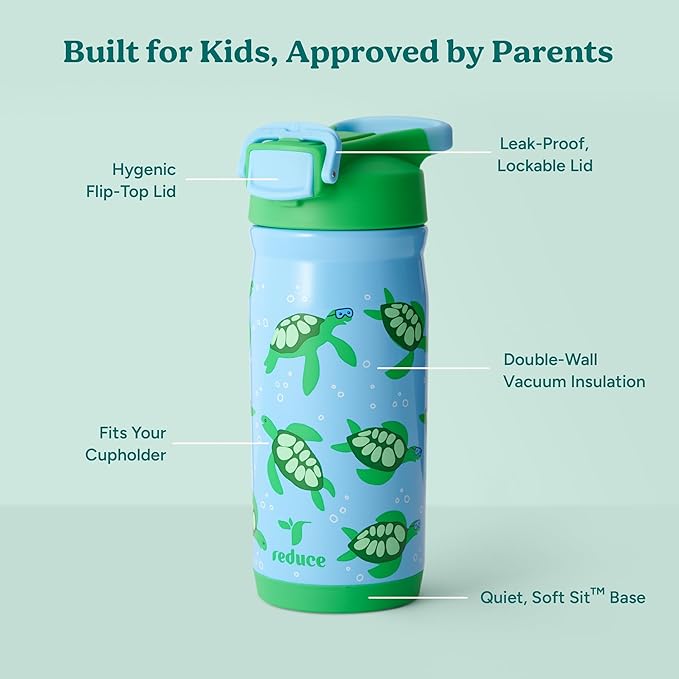 Reduce Hydrate Pro Kids 14oz Stainless Steel Insulated Water Bottle w/Straw – Spill Proof Tumbler for Kids – 30 Hour Cold Retention – Dishwasher Safe Leak-Proof Design - Scuba Turtles