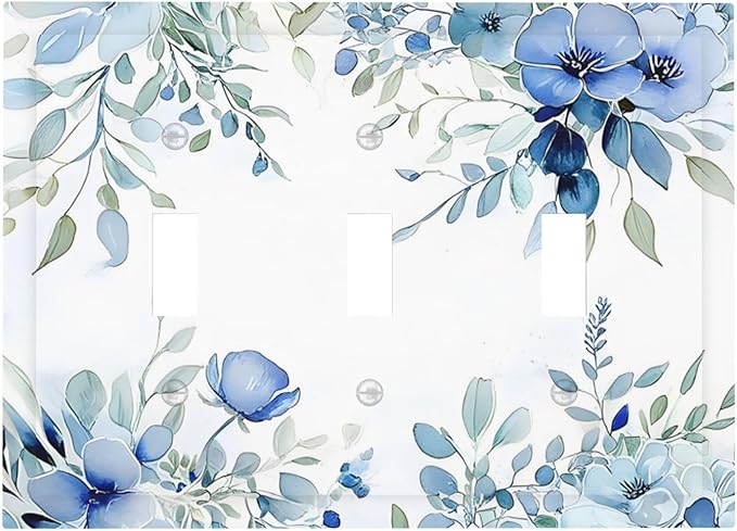 Watercolor Blue Flower Plant Floral Green Leaves Decorative Switch Plates 3 Gang Wall Plate Triple Toggle Light Switch Cover Faceplate Electrical Wall Panels for Bedroom Living Room Decor