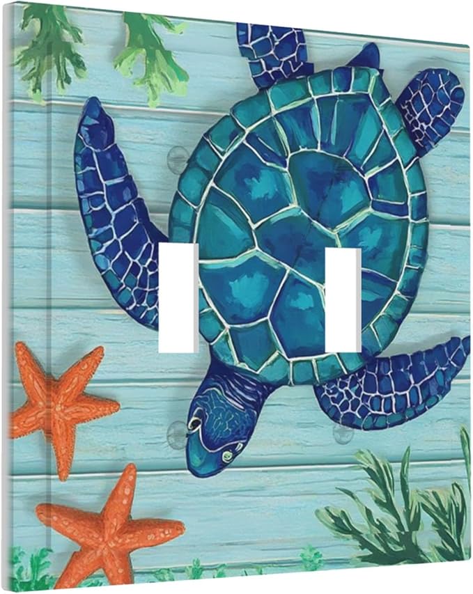 Coastal Sea Turtle Double Toggle Switch Cover - 2-Gang Standard US Size Mosaic Starfish Light Switch Covers, Nautical Ocean Theme for Coastal Homes