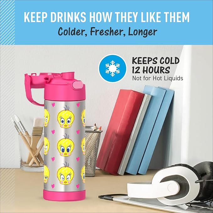 THERMOS FUNTAINER 16 Ounce Stainless Steel Vacuum Insulated Bottle with Wide Spout Lid, LOONEY TUNES
