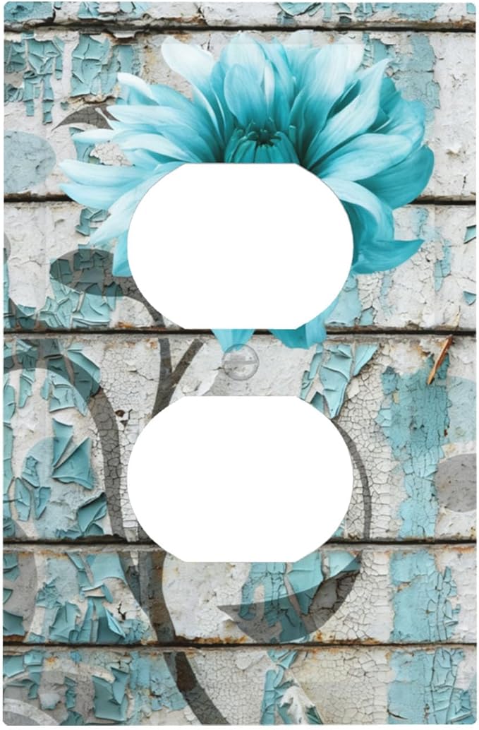 Vintage Floral Duplex Wall Plate - 1-Gang Standard US Size Rustic Farmhouse Teal Flower Distressed Brick Outlet Covers for Bedroom Bathroom Decor