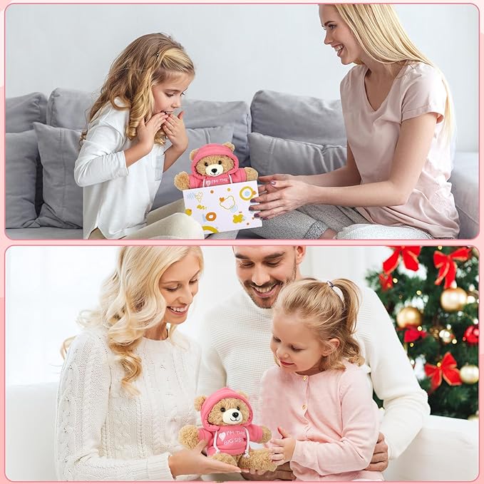 Osacoe “I’m The Big Sister” Teddy Bear Stuffed Animal with Gift Box Removable Pink Hoodie Bracelet, Big Sister Gifts for Girls Who Promoted to Big Sister with Beautiful Greeting Card