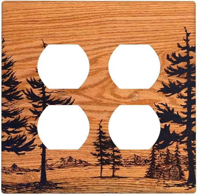 Pine Forest Natural Scenery Silhouette Wood Grain Outlet Covers 2 Gang Double Duplex Decorative Light Switch Covers Electrical Wallplates Socket Faceplate for Farmhouse Home Decor