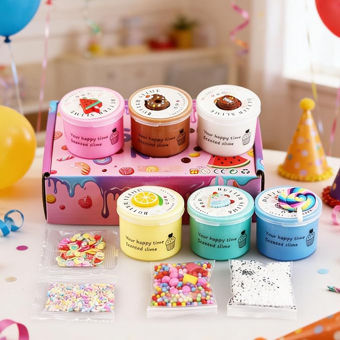 6 Pack Butter Slime Kit,Super Soft Stretchy Non-Sticky, Birthday Gifts for Girls and Boys, Stress Relief Toy