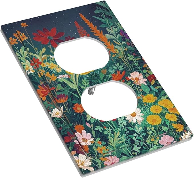 Decorative Outlet Covers with Wildflowers & Stars Botanical Floral Art Design 1 Gang Duplex Light Switch Cover Plate Unique Wall Plates Switchplate Cover for Garden Theme Wall Decor