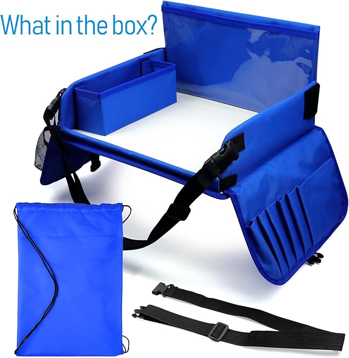Travel Tray for Kids, Carseat Table Tray for Road Trip Activities, Toddler Lap Desk Organizer for Airplane - Blue