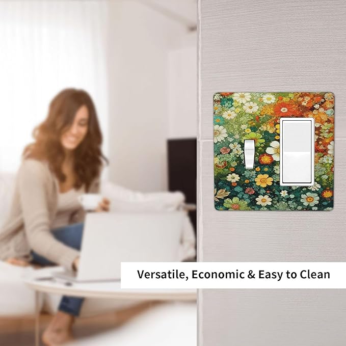 Light Switch Cover Plate Colorful Flowers Green Plants Meadow Floral 2 Gang Combo Wall Plates Toggle Rocker Decorative Switch Plates and Outlet Covers for Bathroom Bedroom Decor