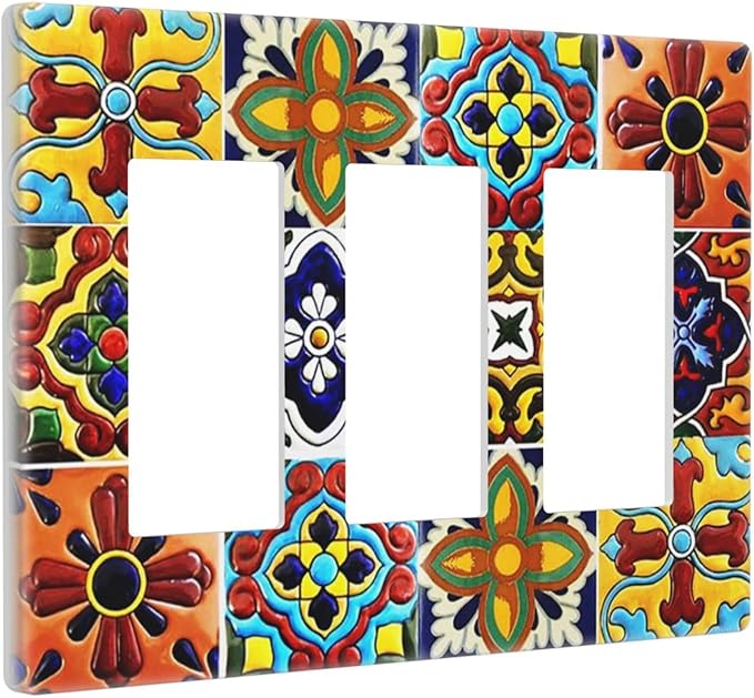 Boho Mexican Moroccan Tile 3 Gang Triple Rocker/Decorator Light Switch Wall Plate Cover Decorative Gfci Electrical Faceplate Switchplate Room Decorate