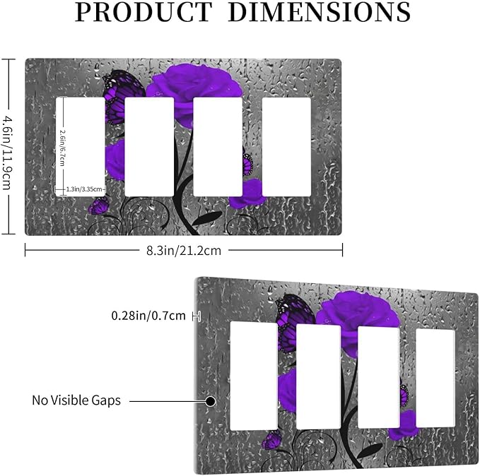 Purple Butterfly Rose Flower 4 Gang Quad Rocker/Decor Light Switch Cover Plate Decorative Electrical Faceplate For Girls Room Bedroom Decorate Jumbo Size Screwless 8.3" x 4.6