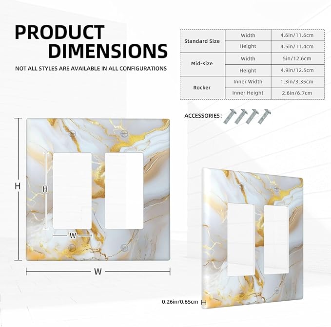 Decorative Outlet Covers Abstract Gold Marble Design with White & Gold 2 Gang Wall Plate Double Rocker Light Switch Cover Switch Plate Cover for Modern Luxurious Decor