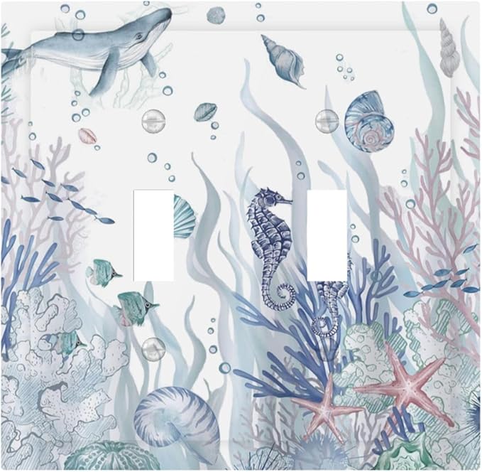 Ocean Themed Coral Seahorse Seashell Starfish Beach Decorative Switch Plates 2 Gang Double Toggle Outlet Light Switch Cover Wall Plate Electrical Faceplate for Bathroom Home Decor