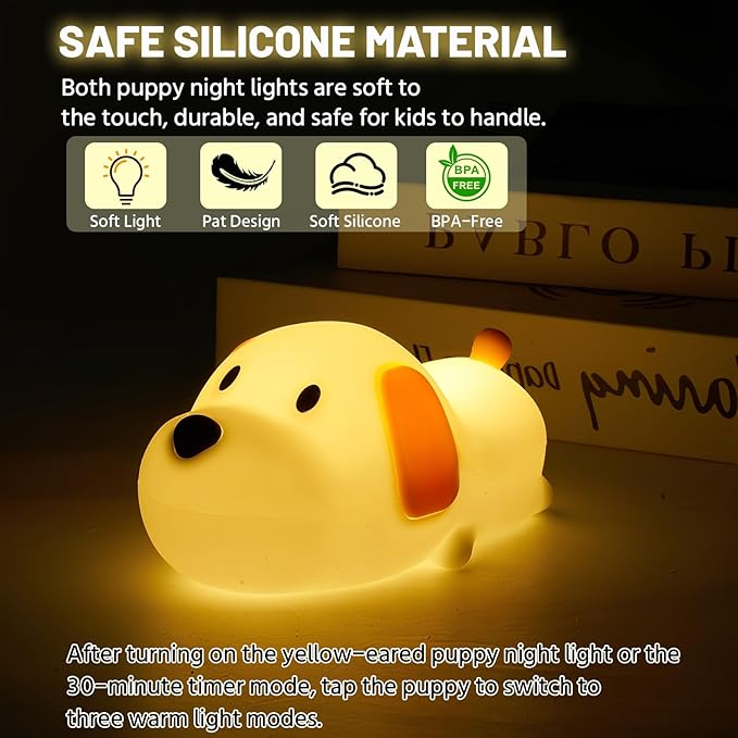 Silicone Night Light (2 Pack) 7 Colors for Kids, Touch Control, LED Dog Lamp, Rechargeable, Cute Puppy Night Lights for Toddler,Boy, Girls, RGB, Warm White