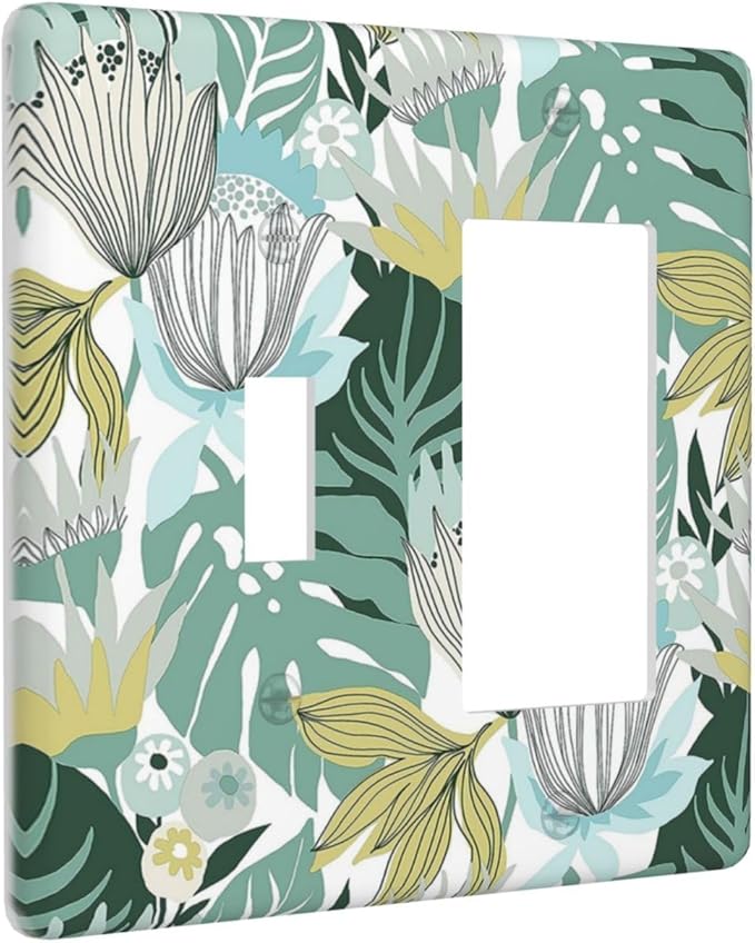 Retro Tropical Leaves 2 Gang Toggle Rocker Combo Wall Plates Decorative GFCI Device Outlet Cover Receptacle Electrical Faceplate Switchplate for Bedroom Bathroom Kitchen Decor