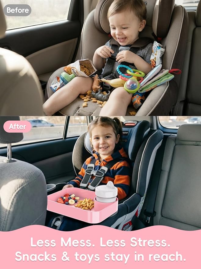 Car Seat Cup Holder Snack Tray for Kids, Reduces Mess, Detachable Large Base & Adjustable Ring, Carseat Tray for Toddler, Car Seat Food Tray Eating Table for Kids Travel Road Trip -Pink