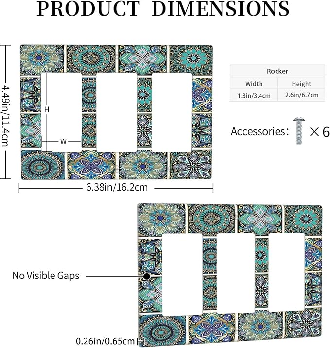 Light Switch Covers Mandala Decorative Rustic Vintage Turquoise Pattern 3 Gang Rocker Electrical GFCI Decorative Triple Outlet Wall Plate Cover Switchplate for Bedroom Bathroom Decor