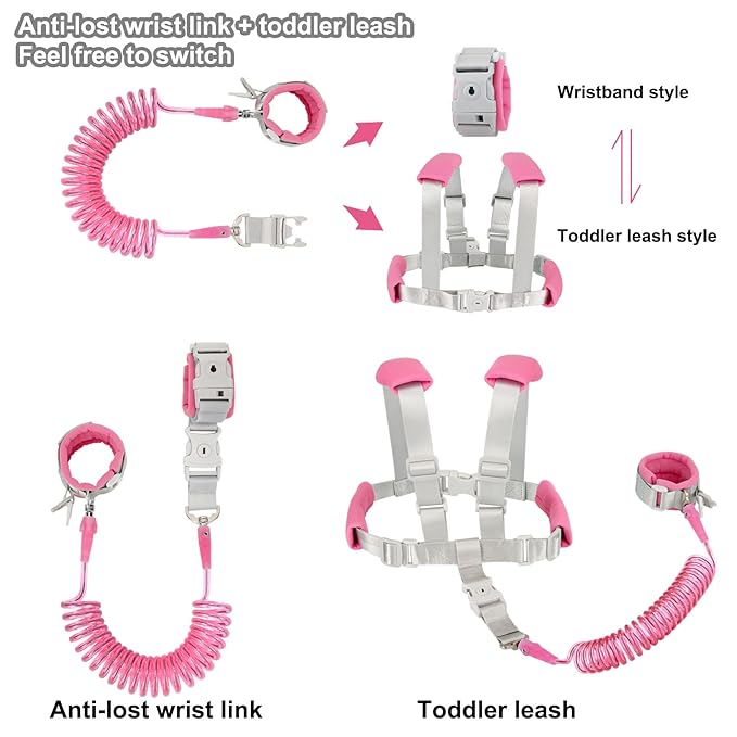 Blisstime 2 in 1 Toddler Leash - Anti Lost Wrist Link for Toddlers - Toddler Harness, Baby Leash, Leash for Toddlers, Wrist Leashes, Child Leashes for Toddlers, Not Easy to Open Without Key