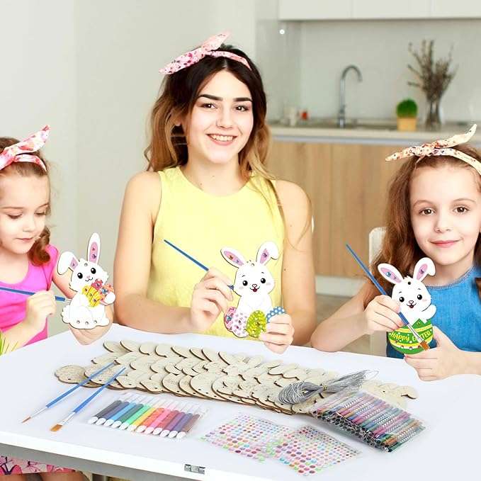 16 Pack Easter Bunny Wind Chime Kits Easter Crafts for Kid Make Your Own Easter Rabbit Wind Chime Wooden DIY Art and Crafts for Spring Party School Classroom Hanging Decoration Supplies Birthday Favor