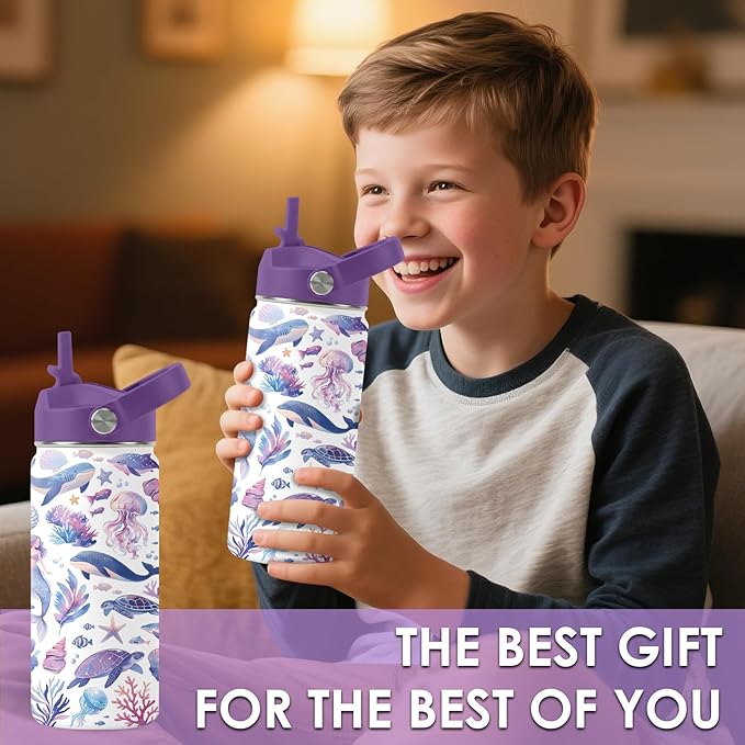 Ocean Gifts for Kids - 16 Oz Purple Water Bottle with Straw Lid, Stainless Steel Insulated Tumbler, Leak Proof, BPA-Free, for Girls & Boys, School, Beach - Marine Life Lovers Birthday Gifts (1pc)