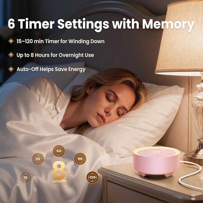 Kipcush Baby & Kids White Noise Sound Machine w/Night Light, 21 Non-Looping Sounds, 6 Timers (15-120 min & 8H), Memory, USB Powered for Nursery, Home & Travel