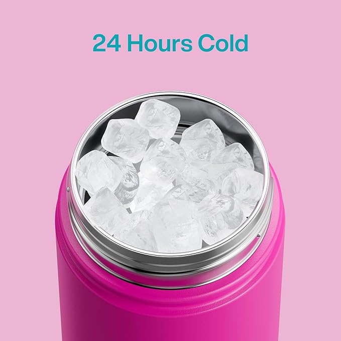 ENCOOL Kids Insulated Water Bottle with Straw - 12oz Stainless Steel Water Bottle with Dual Spouts, Leak-Proof, BPA-Free, Double Wall Vacuum Keeps Cold for 24 Hours for Sports, Travel (Light Crimson)