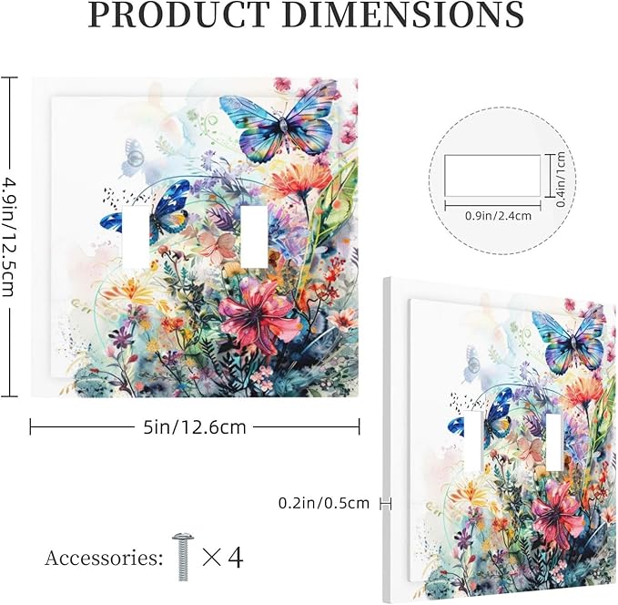 Light Switch Cover Plate Watercolor Colorful Floral Butterflies Wildflowers 2 Gang Double Toggle Decorative Switch Plates Wall Plates Electrical Faceplate for Bathroom Bedroom Decor