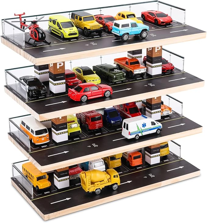 Saichotoy Display Case for Hot Wheels & Matchbox, 1/64 Scale Diecast Toy Car Storage, Parking Garage Diorama - Freestanding Storage with 4 Levels 24 Spots Maximum 40 Cars