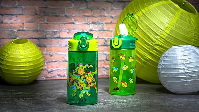 Zak Designs Teenage Mutant Ninja Turtles Kids Water Bottle For School or Travel, 16oz 2-Pack Durable Plastic Water Bottle With Straw, Handle, and Leak-Proof, Pop-Up Spout Cover (TMNT)