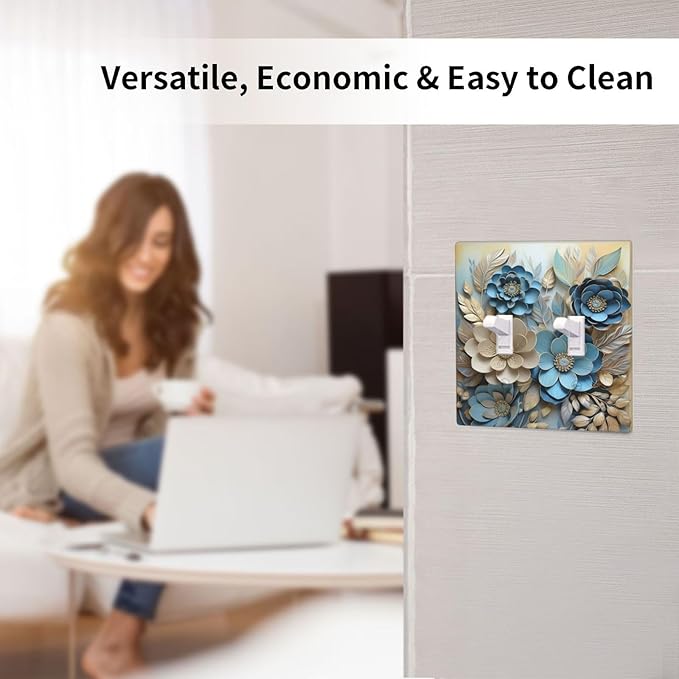 Decorative Art Light Switch Covers Blue and Creamy Floral 2 Gang Double Toggle Wall Plate Decorative Switchcover Electrical Switchplate for Home Decor