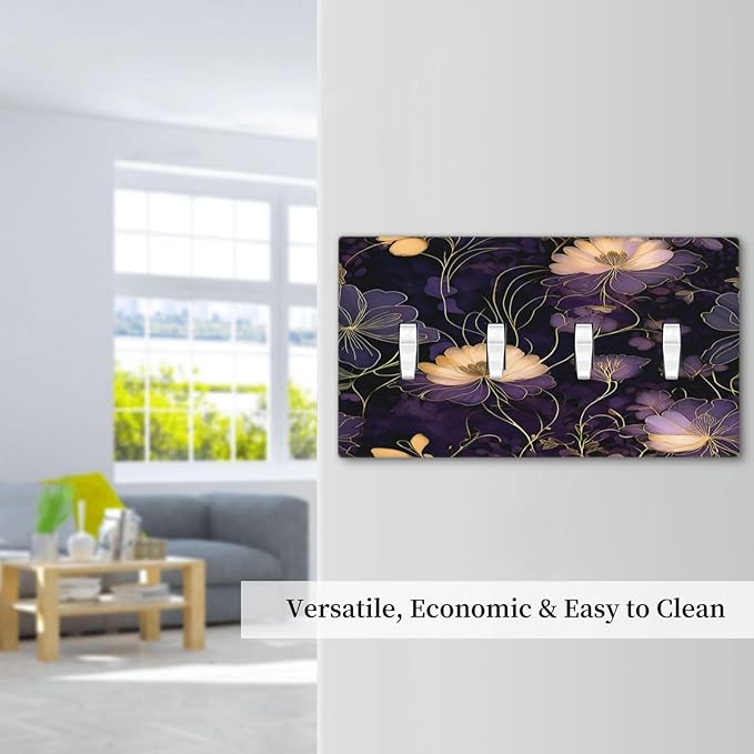 Modern Boho Vintage Gold Purple Dark Floral Modern Abstract Flowers Light Switch Covers Quad Toggle 4 Gang Wall Plate Decorative Switch Plates Electrical Faceplate for Bedroom Living Room Decor