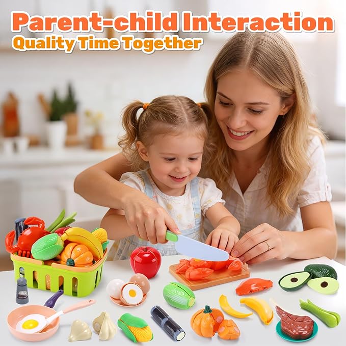 CUTE STONE 70+ PCS Kids Play Kitchen Accessories, Pretend Cooking Toys with Peelable & Cuttable Play Food, Cookware, Tableware & Utensils, Shopping Basket, Tray, Educational Gift for Girls & Boys