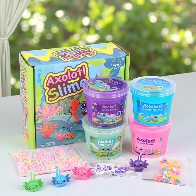 4 Pack Axolotl Slime Kit, Butter & Clear, Slime Party Favors for Kids with Axolotl Charms, Soft and Stretchy, Pink Blue Purple Green Slime for Girls & Boys 4-12