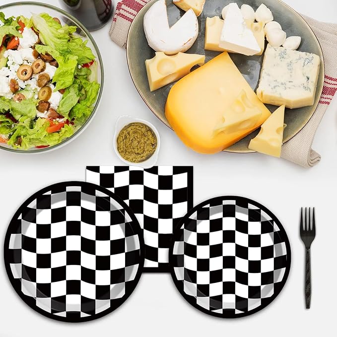96PCS Race Car Birthday Party Decorations Black and White Checkered Plates Sports Themed Table Supplies Decorations Racing Dessert Plates Napkins Forks for 24 Guests Racing Car Birthday Party Favors