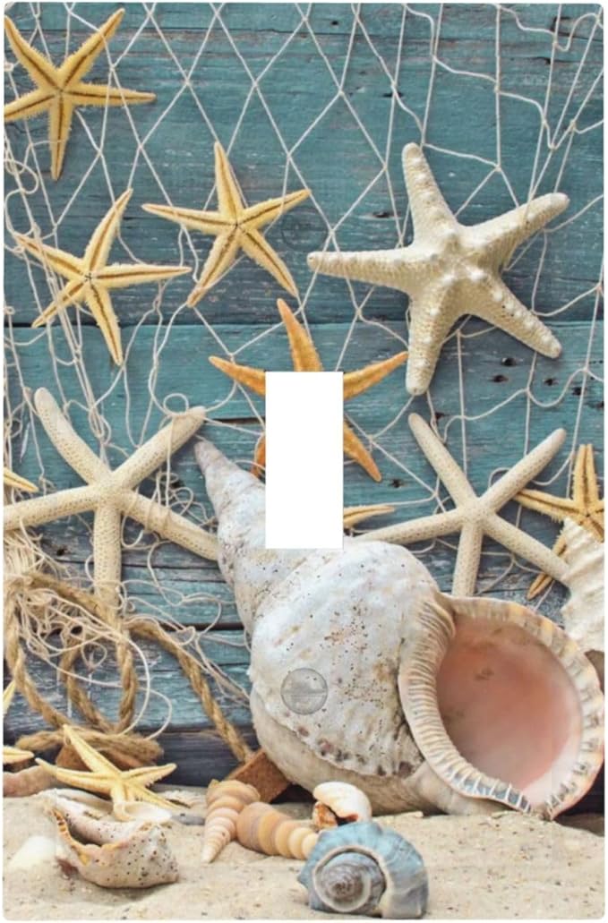 Decorative Outlet Cover Nautical Beach Conch Coral Coastal Starfish on Turquoise Blue Teal Wood 1 Gang Light Switch Cover Fishing Net Single Toggle Decorator Wall Plate Electrical Switch Face Plate