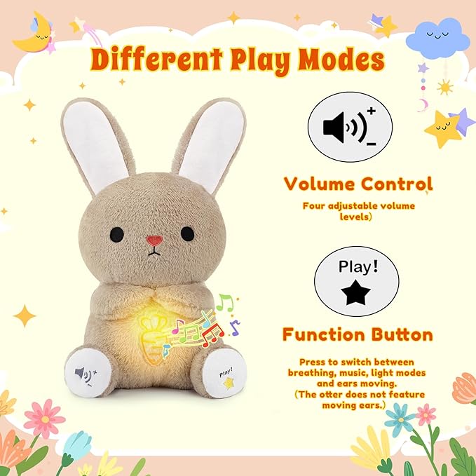 BRICHOEE Breathing Stuffed Animal, Soothing Bunny Stuffed Animal with Moving Ears, Breathing Motion, Calming Sound and Light for Baby Sleep Companion Plush Toy Easter Gifts for Kids Adults Newborns