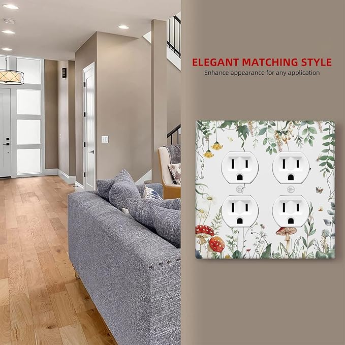Outlet Covers Sage Plant Red Mushroom Butterfly Wild Flower 2 Gang Double Duplex Decorative Light Switch Covers Electrical Wallplates Socket Faceplate For Bed Room Kids Room Decor
