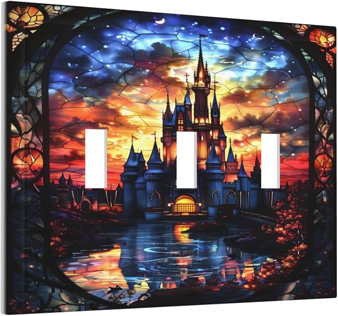 Medieval Fantasy Castle Magic Academy Decorative Switch Plates 3 Gang Wall Plate Triple Toggle Light Switch Cover Faceplate Electrical Wall Panels for Kids Room Bedroom Decor